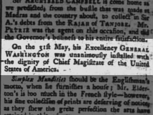 Announcement of Washington's inauguration in the London Times